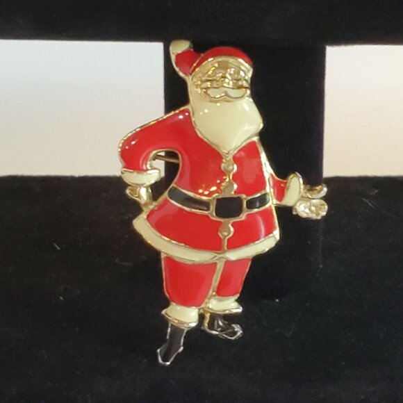 Vintage Santa Claus Christmas Enamel Brooch Pin with Gold Tone RARE - Picture 3 of 8